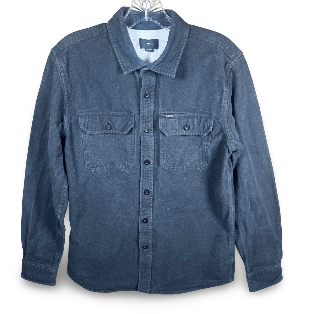 Men's Grey Black Button Down Long Sleeve Obey‎ Small S Heavyweight Cotton Skater